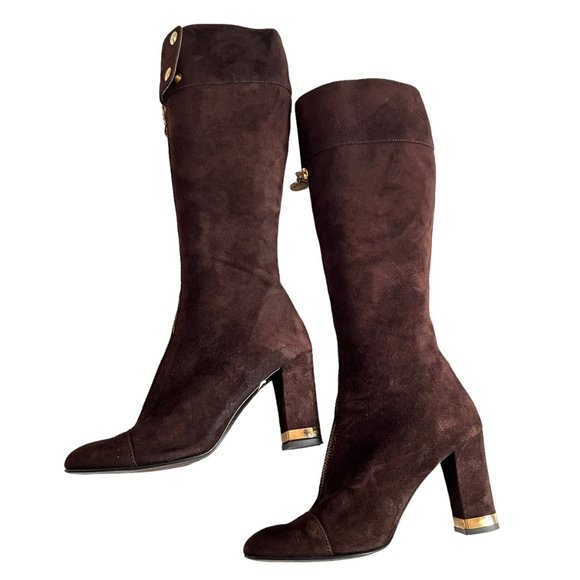 Bellofatto boots knee high brown suede zip up gold block heel size 6.5 - Picture 6 of 11